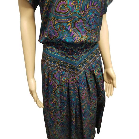 VINTAGE MIDI PAISLEY FLORAL Short Sleeve Fitted Waist Summer Dress Size 6 - Picture 5 of 6
